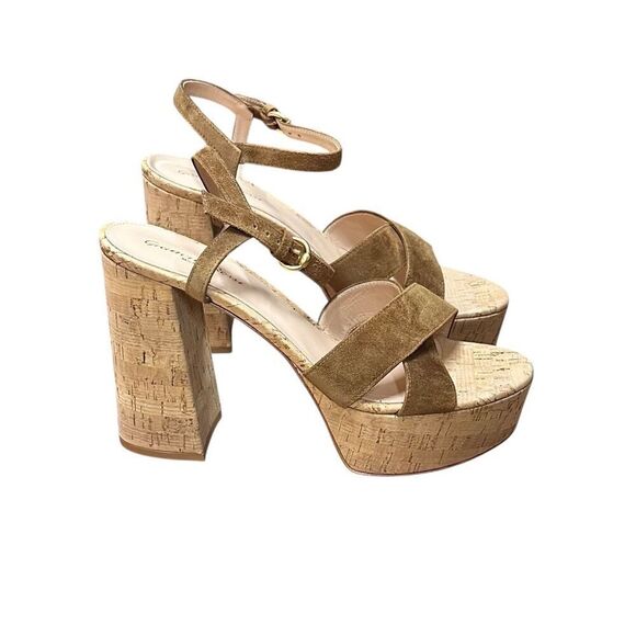 GIANVITO ROSSI BEBE CAMOSCIO+CORK Heeled Sandals in Biege NWB Size 41/ US 11 - Picture 6 of 10